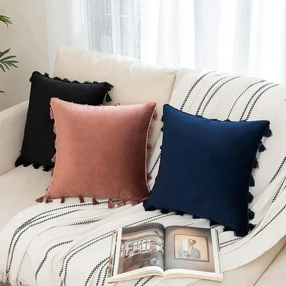 Black velvet tassel fringe pillow cover for living room sofa