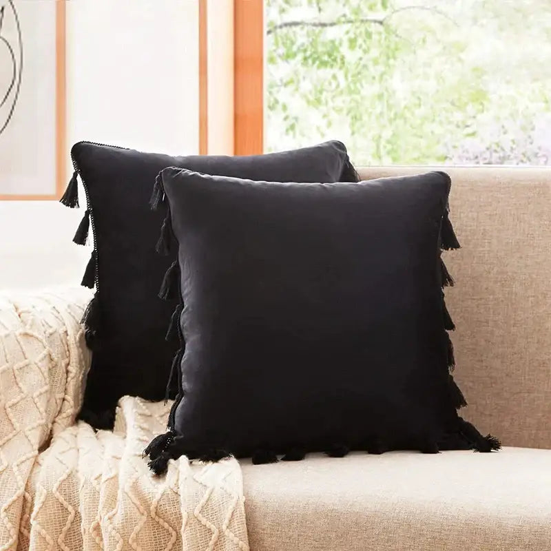 Black velvet tassel fringe pillow cover for living room sofa