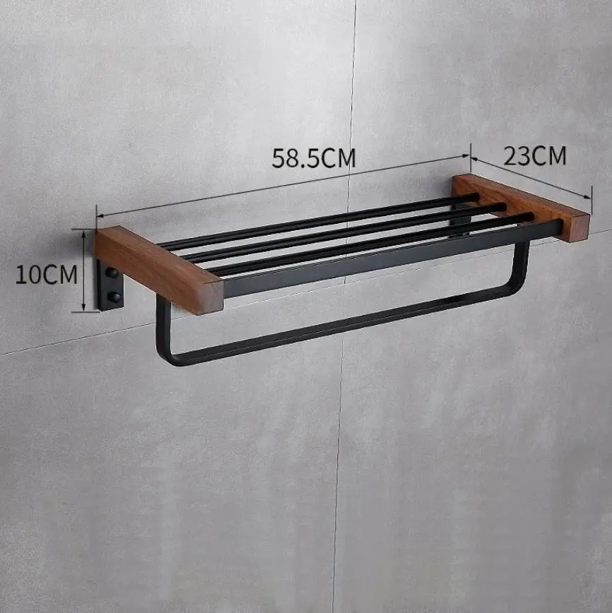 Black walnut bathroom set with corner shelf and storage accessories