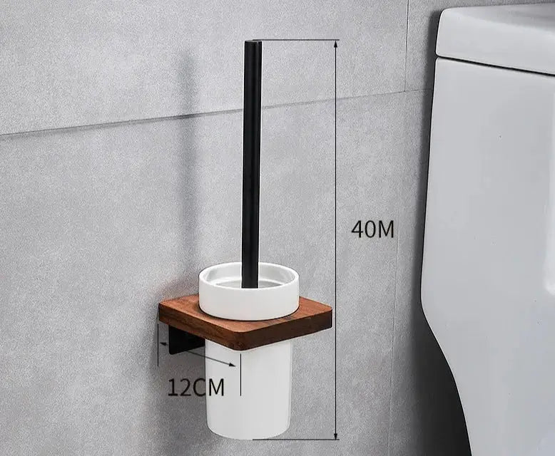 Black walnut bathroom set with corner shelf and storage accessories