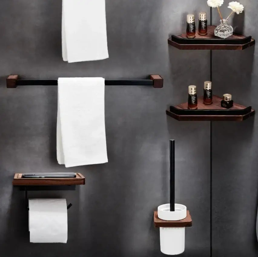 Black walnut bathroom set with corner shelf and storage accessories