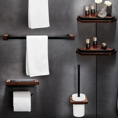 Black walnut bathroom set with corner shelf and storage accessories