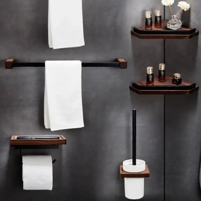 Black walnut bathroom set with corner shelf and storage accessories