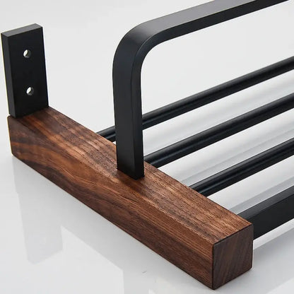 Black walnut bathroom set with corner shelf and storage accessories