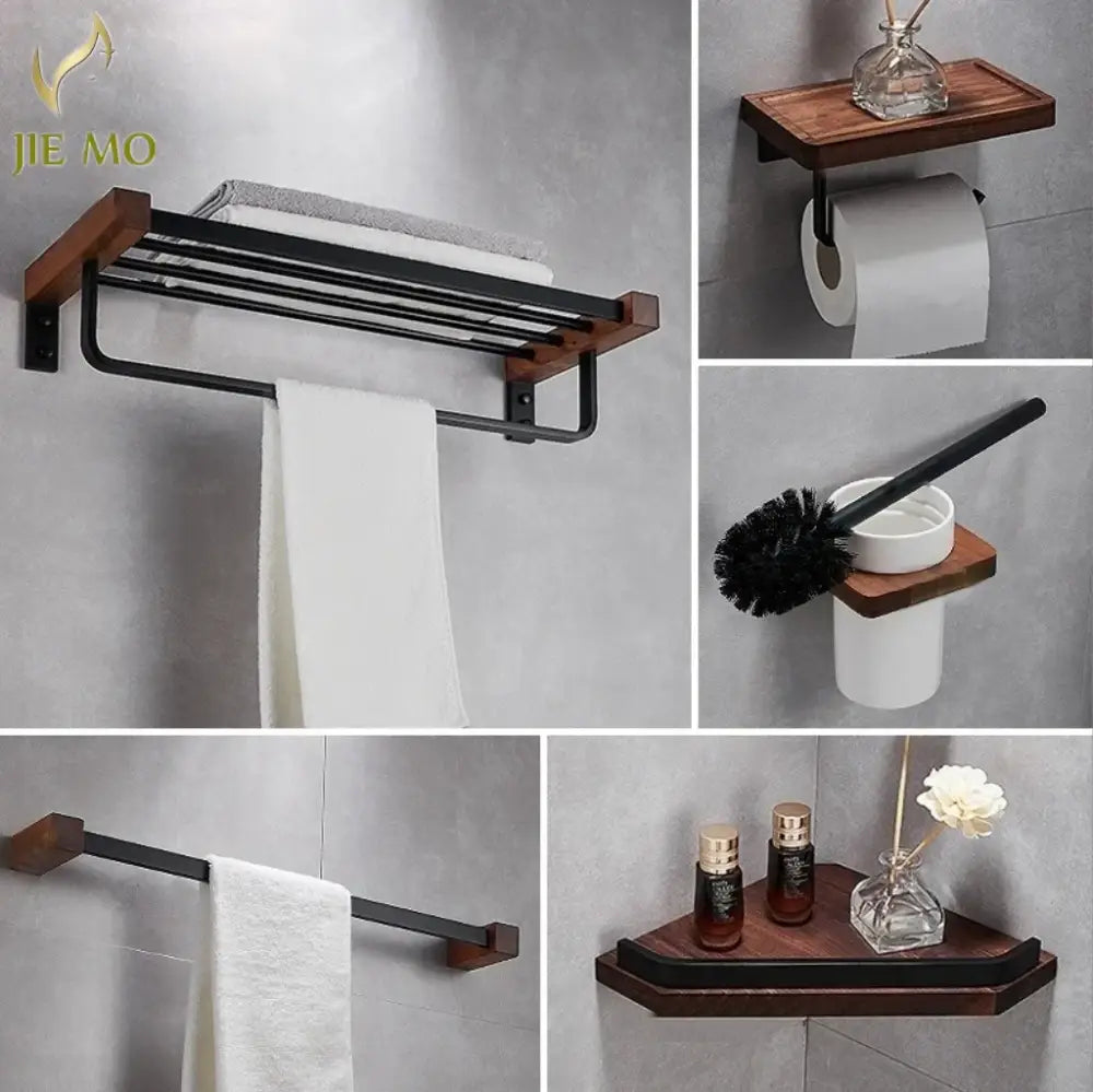 Black walnut bathroom set with corner shelf and storage accessories
