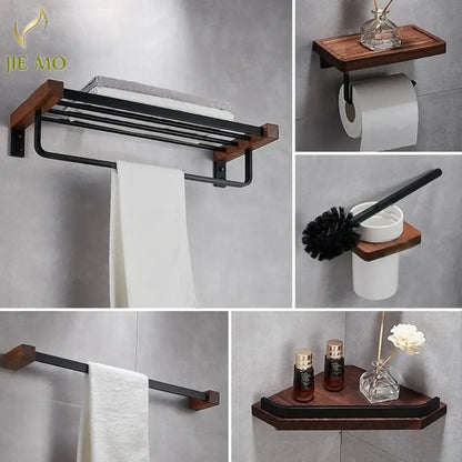 Black walnut bathroom set with corner shelf and storage accessories