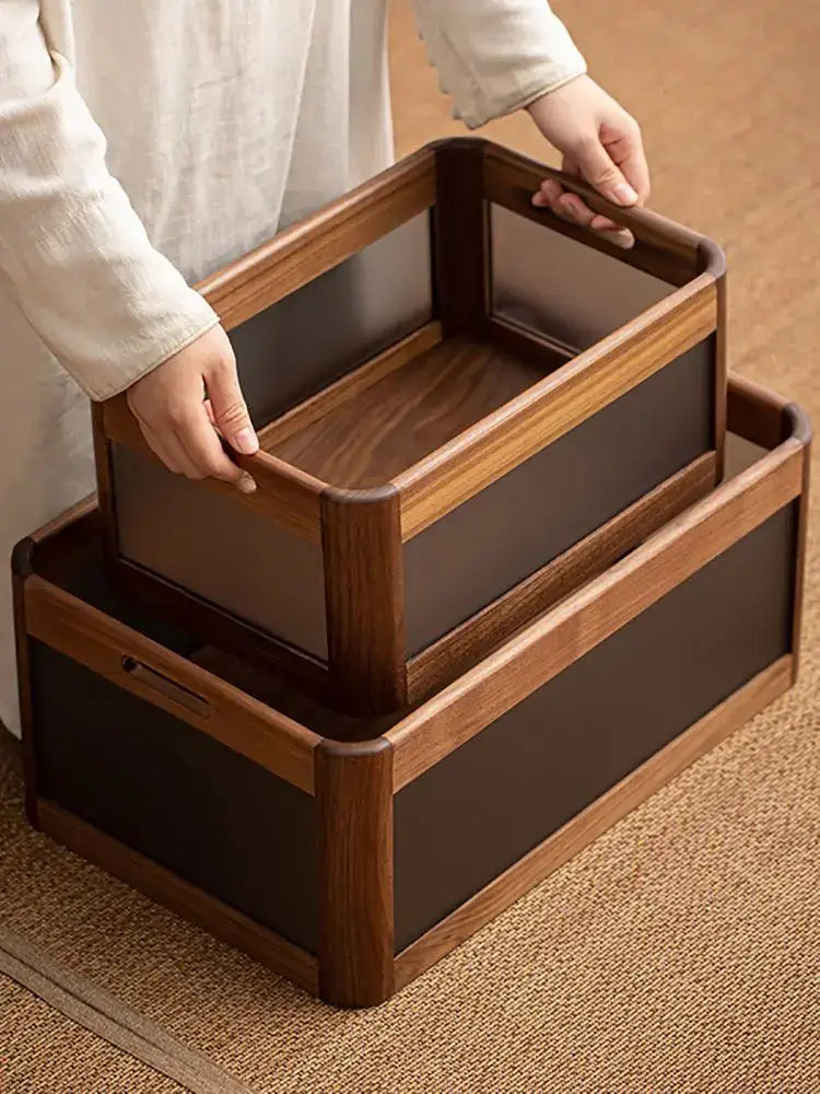Black walnut wood desktop organizer set – office storage box