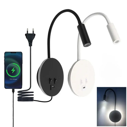 Black & white corded gooseneck wall sconce bedroom light with usb port