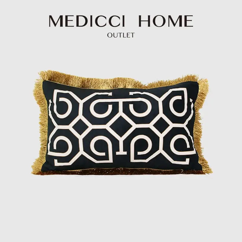 Black & white geometric fringed lumbar pillow cover living room