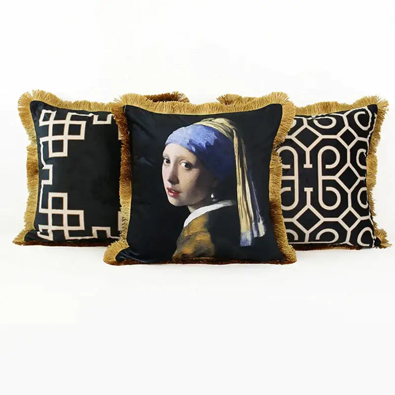 Black & white geometric fringed lumbar pillow cover living room