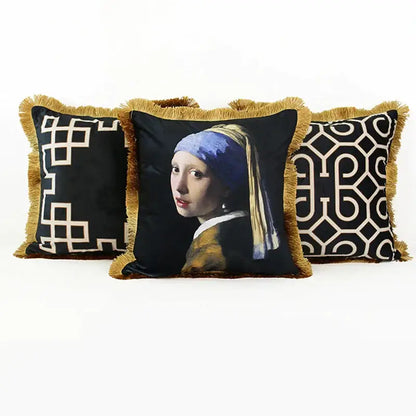 Black & white geometric fringed lumbar pillow cover living room