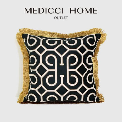 Black & white geometric fringed lumbar pillow cover living room
