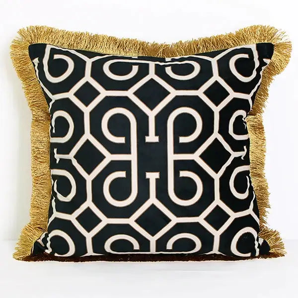 Black & white geometric fringed lumbar pillow cover living room