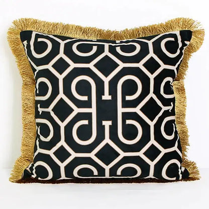 Black & white geometric fringed lumbar pillow cover living room