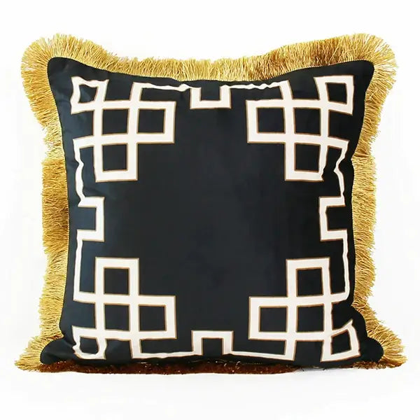 Black & white geometric fringed lumbar pillow cover living room