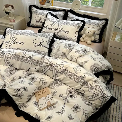 Black white printed floral ruffled bedding set bedroom linens