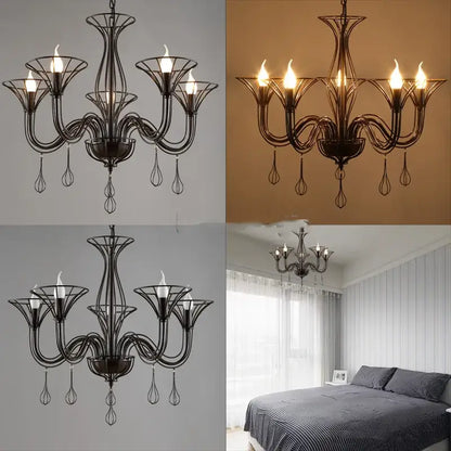 Black wrought iron chandelier with teardrop pendants for dining room