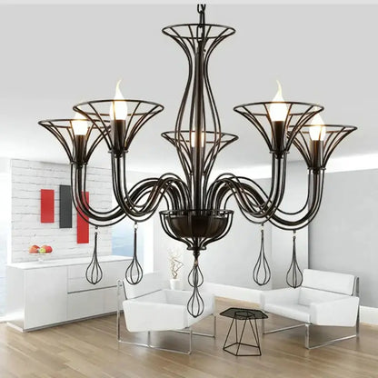 Black wrought iron chandelier with teardrop pendants for dining room