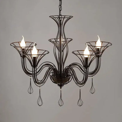 Black wrought iron chandelier with teardrop pendants for dining room