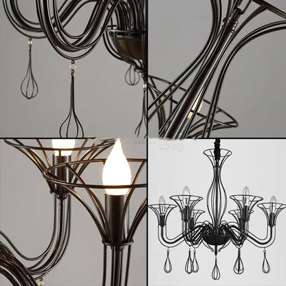 Black wrought iron chandelier with teardrop pendants for dining room