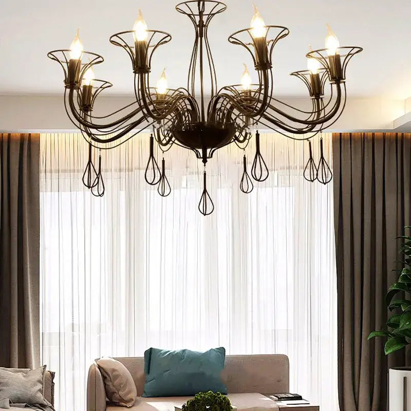 Black wrought iron chandelier with teardrop pendants for dining room