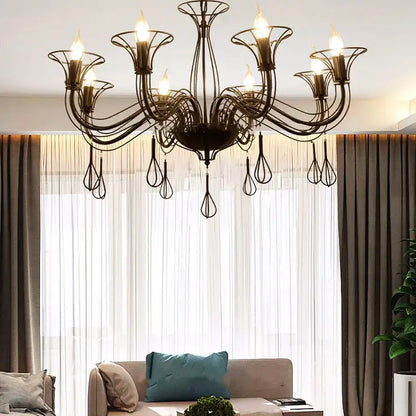 Black wrought iron chandelier with teardrop pendants for dining room