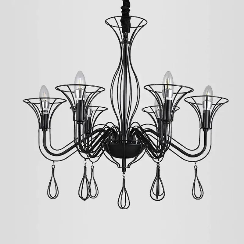 Black wrought iron chandelier with teardrop pendants for dining room