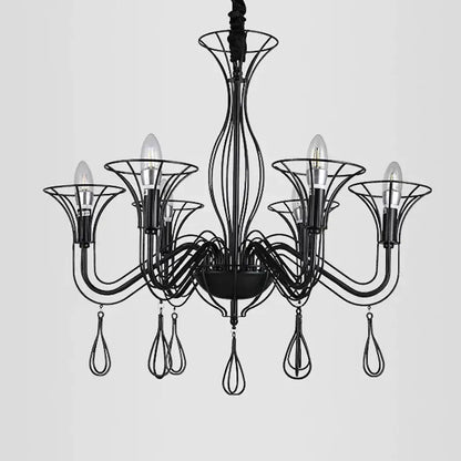 Black wrought iron chandelier with teardrop pendants for dining room