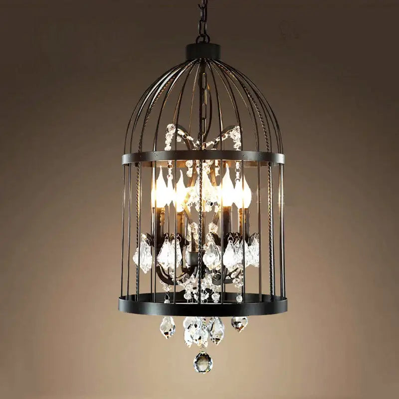 Black wrought iron crystal bird cage chandelier dining room light