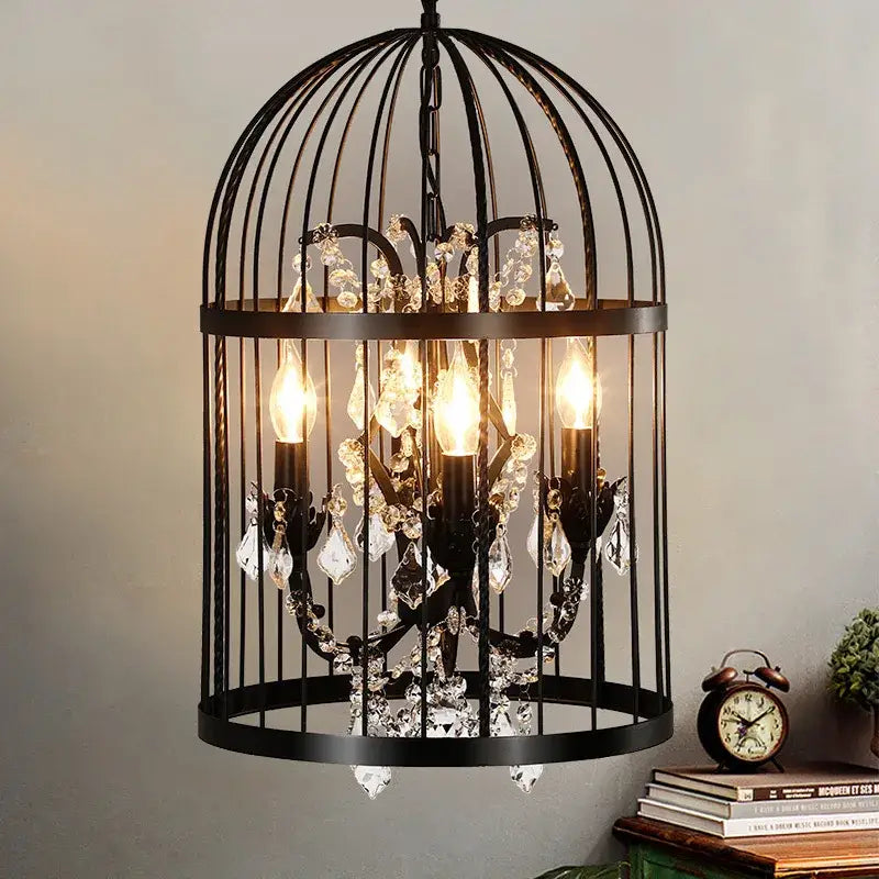 Black wrought iron crystal bird cage chandelier dining room light