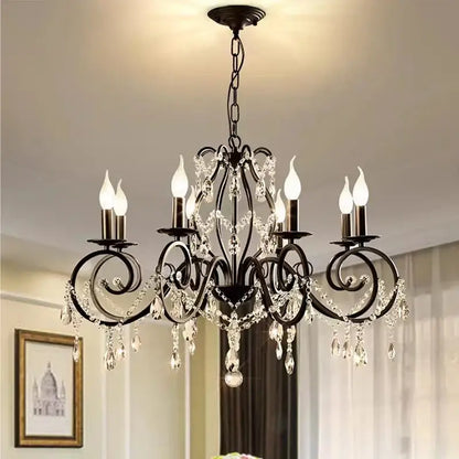 Black wrought iron crystal candle chandelier for living room lighting