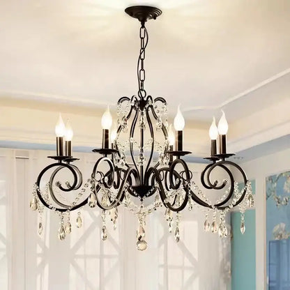 Black wrought iron crystal candle chandelier for living room lighting
