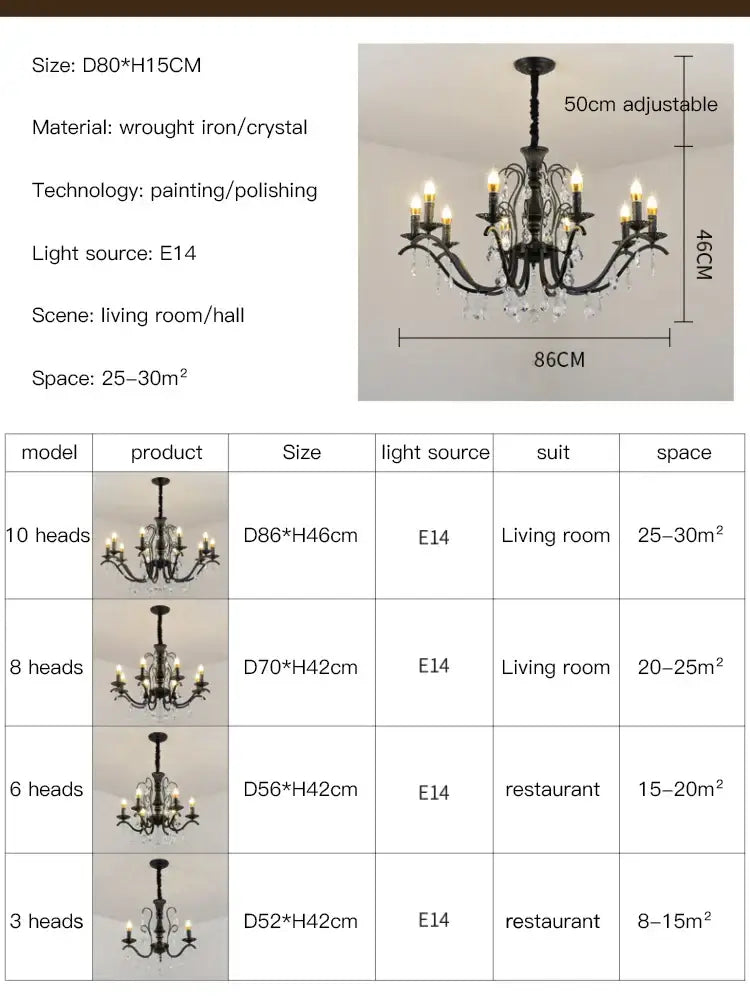 Black wrought iron crystal chandelier for dining room