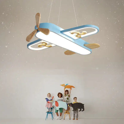 Blue airplane led wood ceiling light for kids bedroom