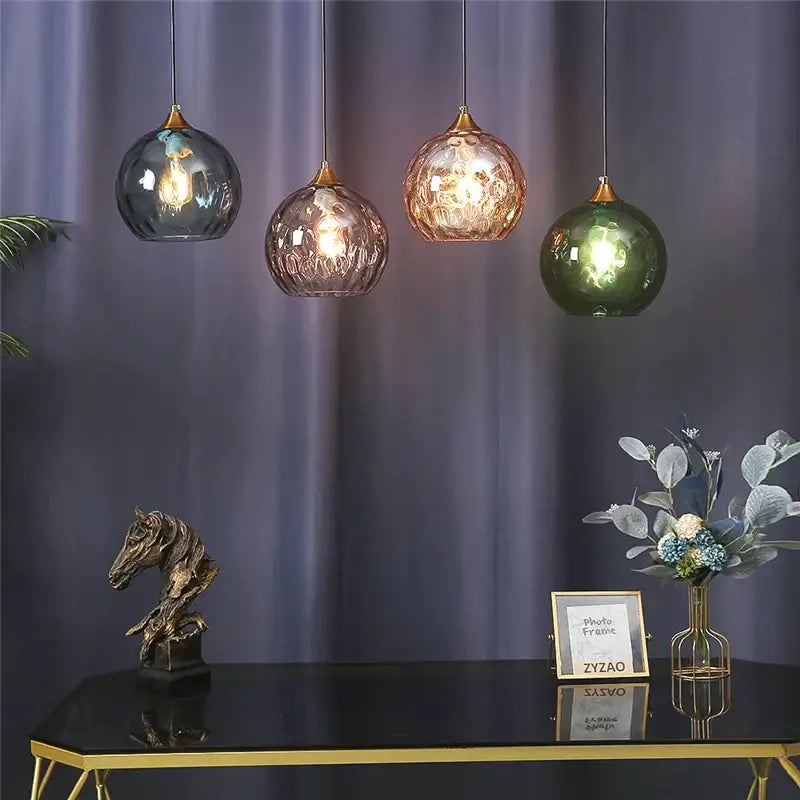 Blue & amber textured glass ball pendant led chandelier kitchen