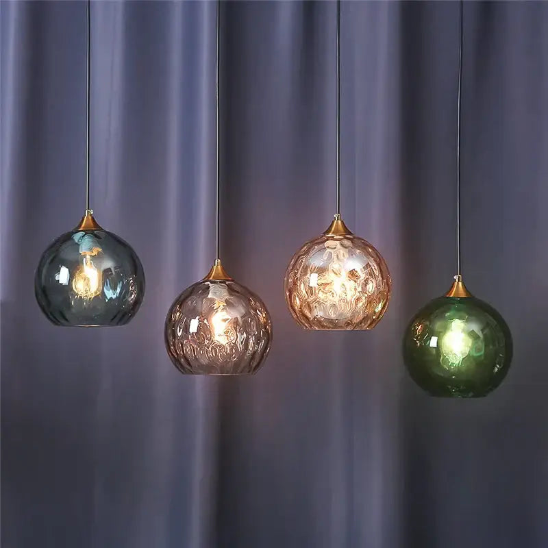 Blue & amber textured glass ball pendant led chandelier kitchen