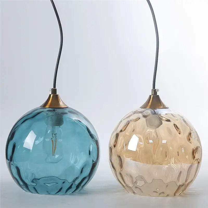Blue & amber textured glass ball pendant led chandelier kitchen