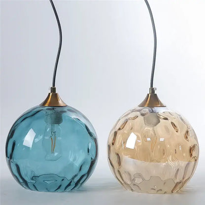 Blue & amber textured glass ball pendant led chandelier kitchen