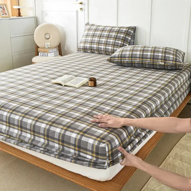 Blue and beige checkered coarse cotton queen fitted sheet bedroom