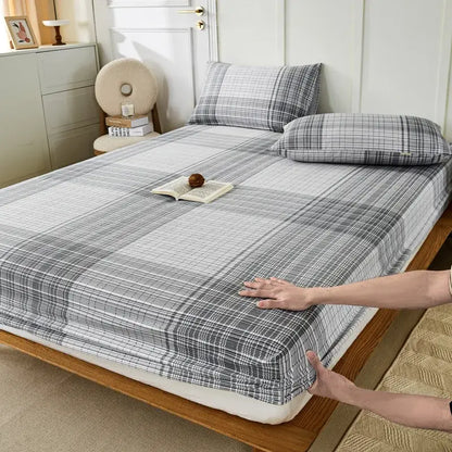 Blue and beige checkered coarse cotton queen fitted sheet bedroom