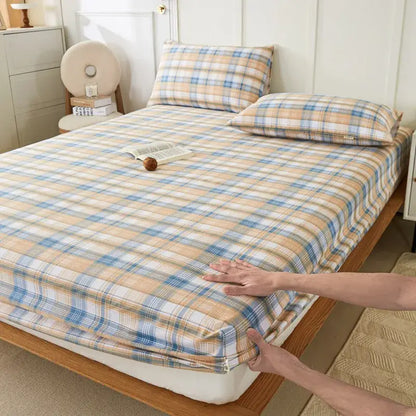 Blue and beige checkered coarse cotton queen fitted sheet bedroom
