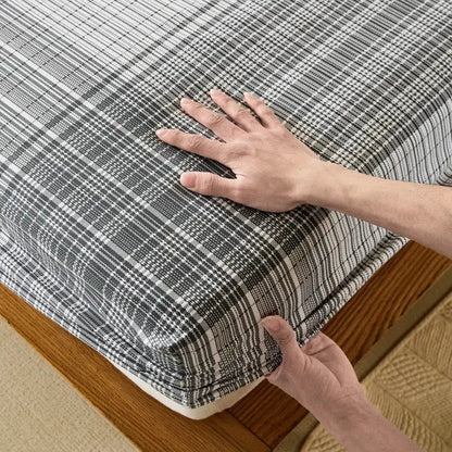 Blue and beige checkered coarse cotton queen fitted sheet bedroom
