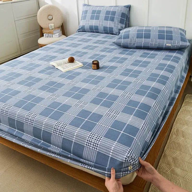 Blue and beige checkered coarse cotton queen fitted sheet bedroom