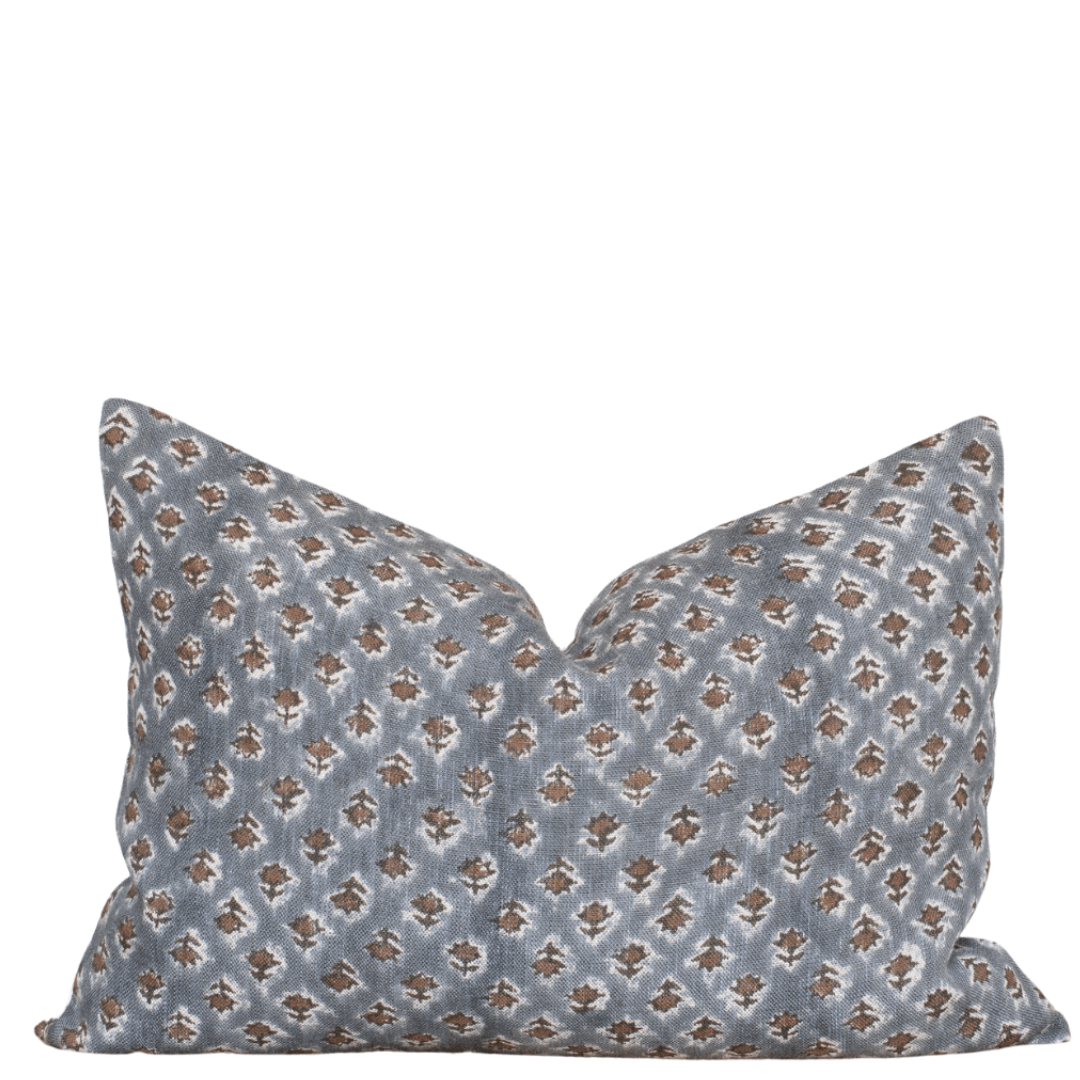 Aster Floral Block Printed Pillow Cover | Blue, Brown | Lumbar