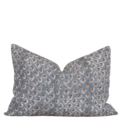 Aster Floral Block Printed Pillow Cover | Blue, Brown | Lumbar