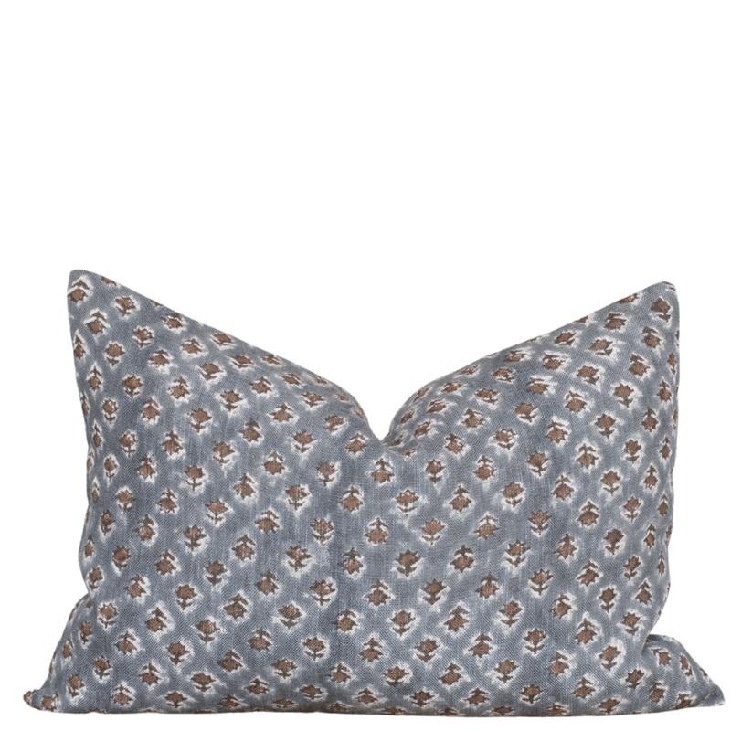 Aster Floral Block Printed Pillow Cover | Blue, Brown | Lumbar