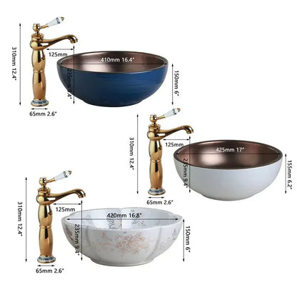 Blue and copper hand painted ceramic vessel sink set bathroom faucet
