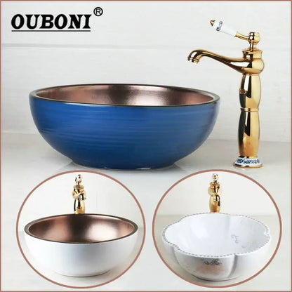 Blue and copper hand painted ceramic vessel sink set bathroom faucet