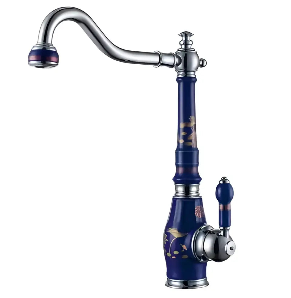 Blue and gold brass porcelain kitchen faucet with chrome swivel mixer