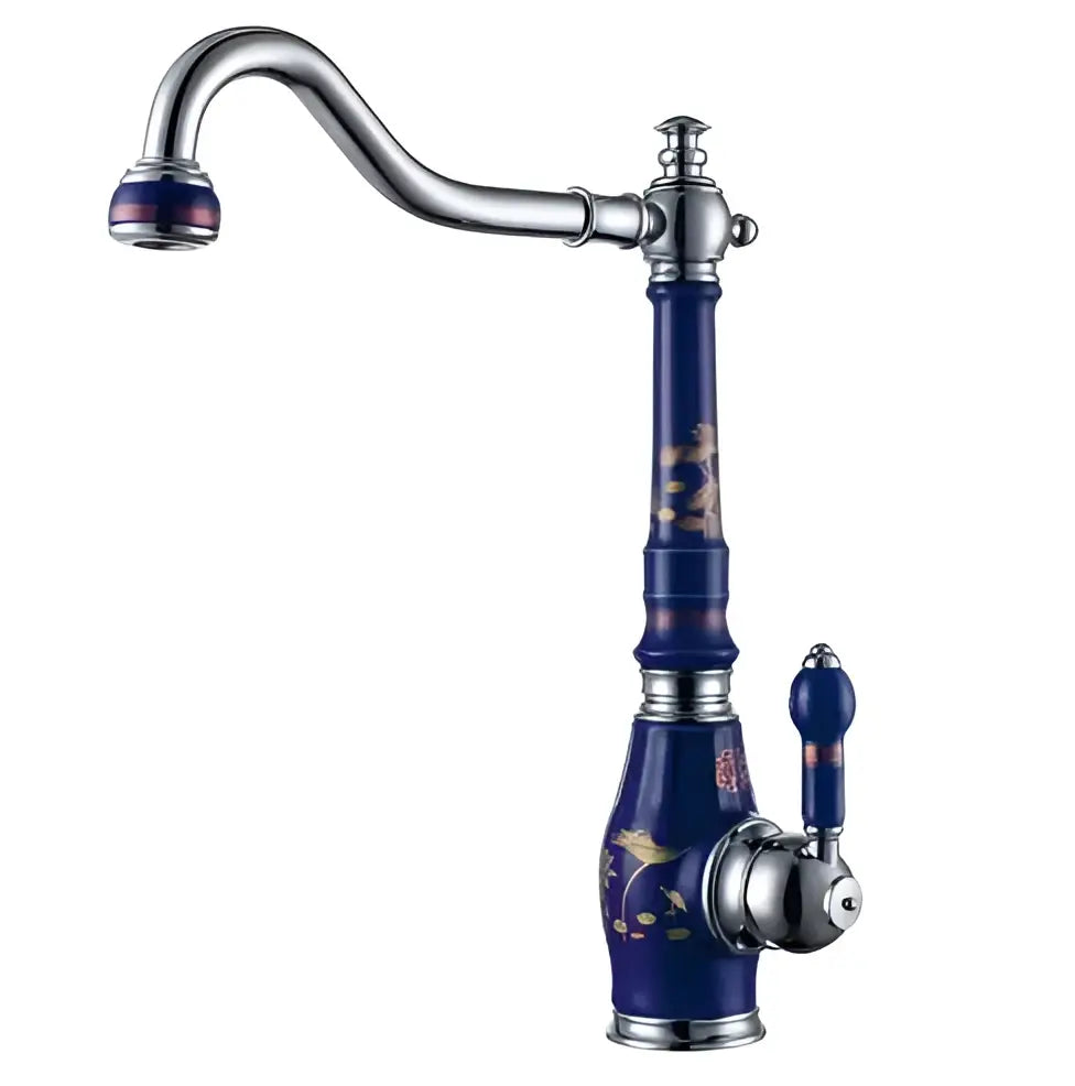 Blue and gold brass porcelain kitchen faucet with chrome swivel mixer